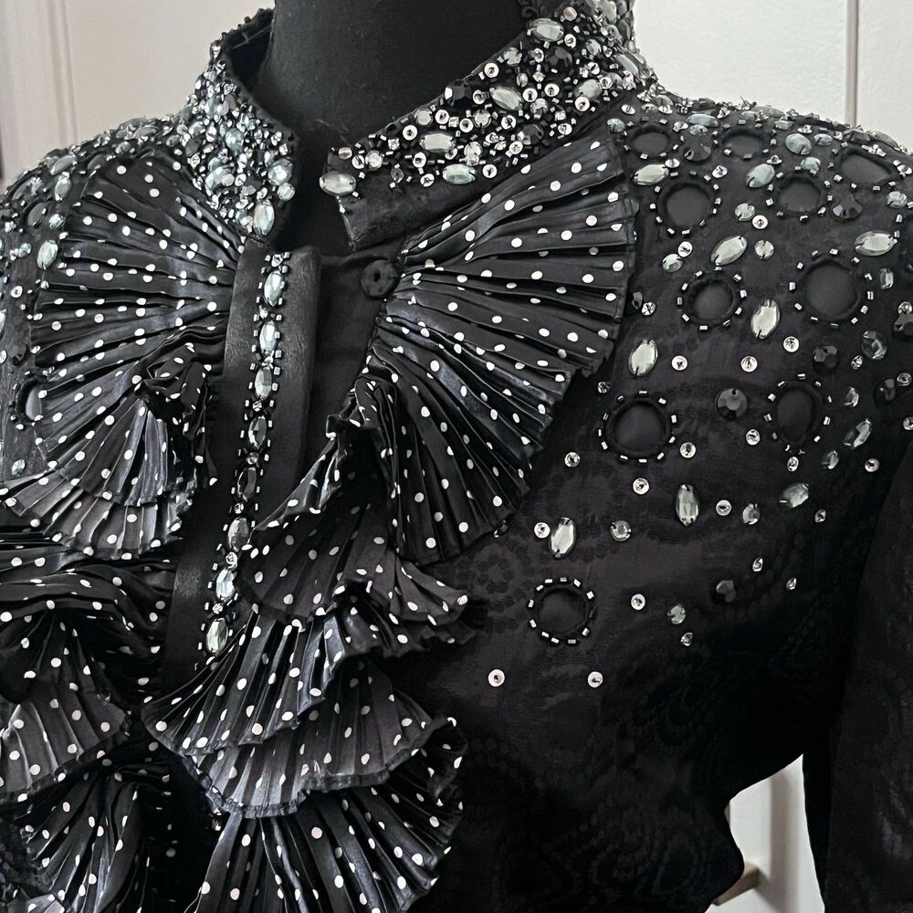Vintage Black Beaded Skirt Suit Womens Formal Evening Occasion Ruffle Jacket Set